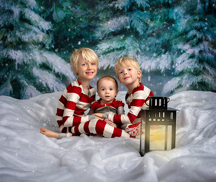 3 brothers sitting in the christmas woods for holiday photoshoot at studio james photography in calgary